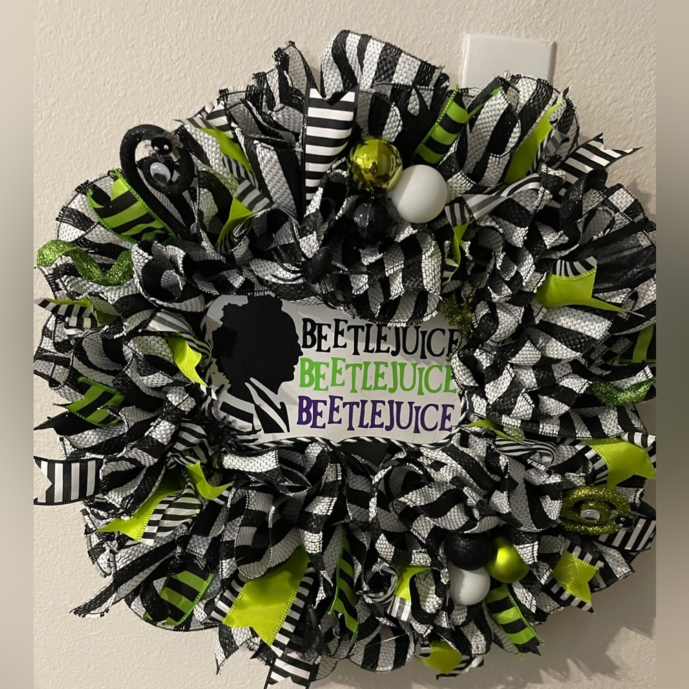 New Halloween Beetlejuice Wreath made on 14 inch wire